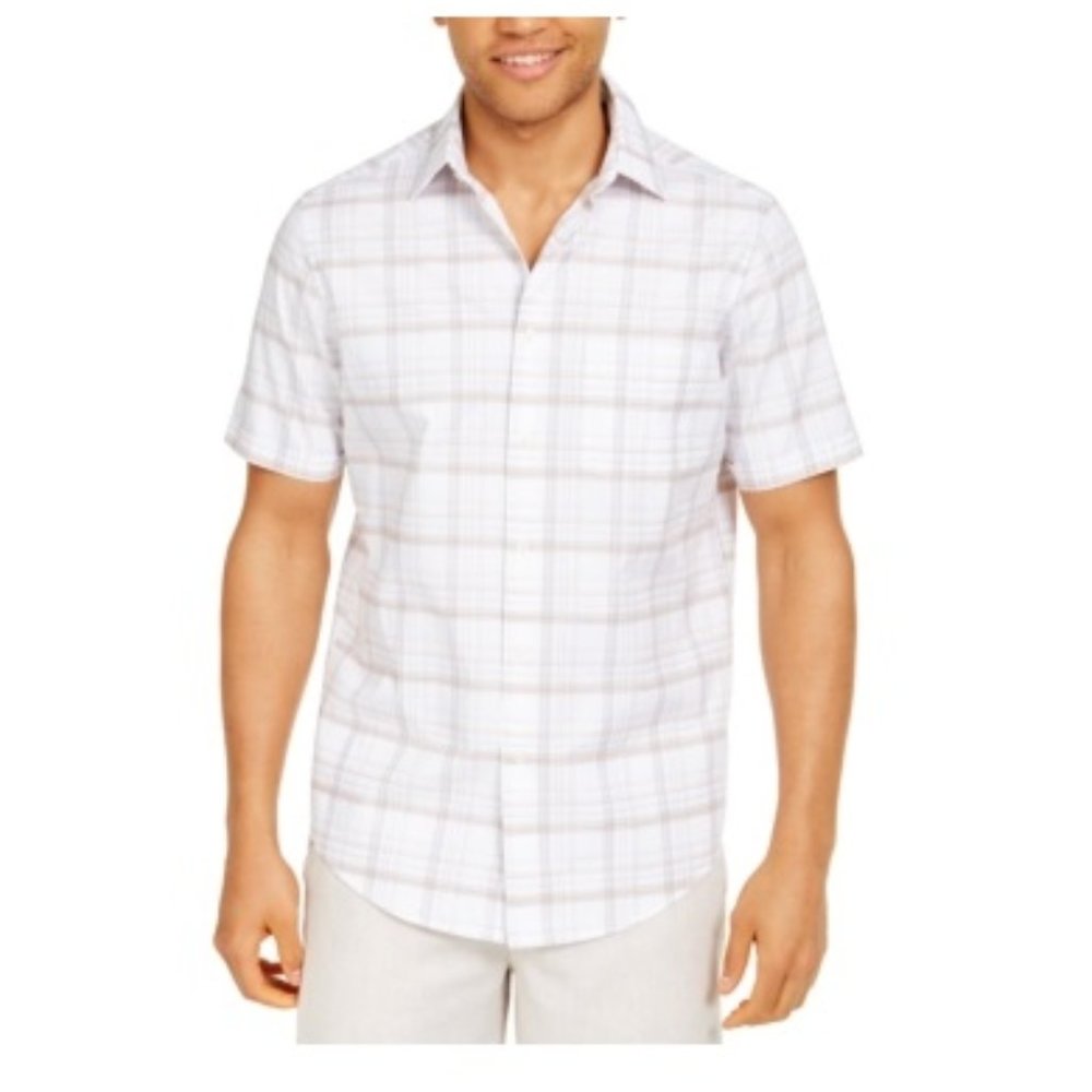 NWT TASSO ELBA White Plaid Collared Classic Fit Button Down Shirt L $55 5E001